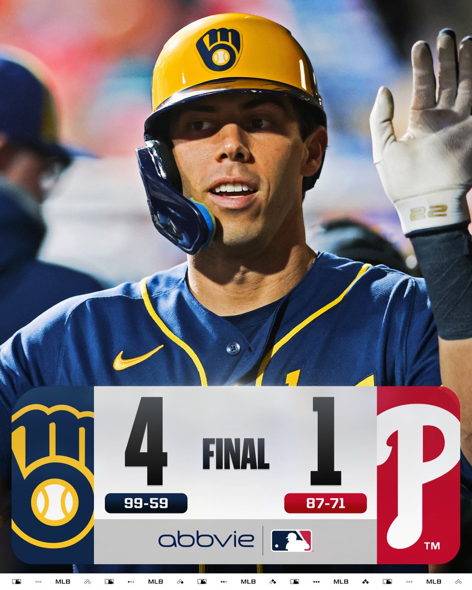 MLB's tweet photo. The @Brewers are ONE win away from the franchise’s FIRST 100-win season!

(MLB x @AbbVie) https://t.co/6CFGnfVHJX