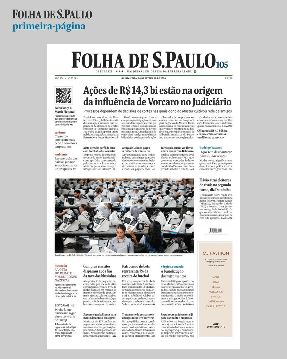 folha's tweet photo. 📰 Veja a capa da #folha desta quinta-feira (24).
📲 Leia a edição digital na íntegra em https://t.co/j0n71M2u0C

#fsp #folhadespaulo #capadodia https://t.co/H7R0VJ3xqZ