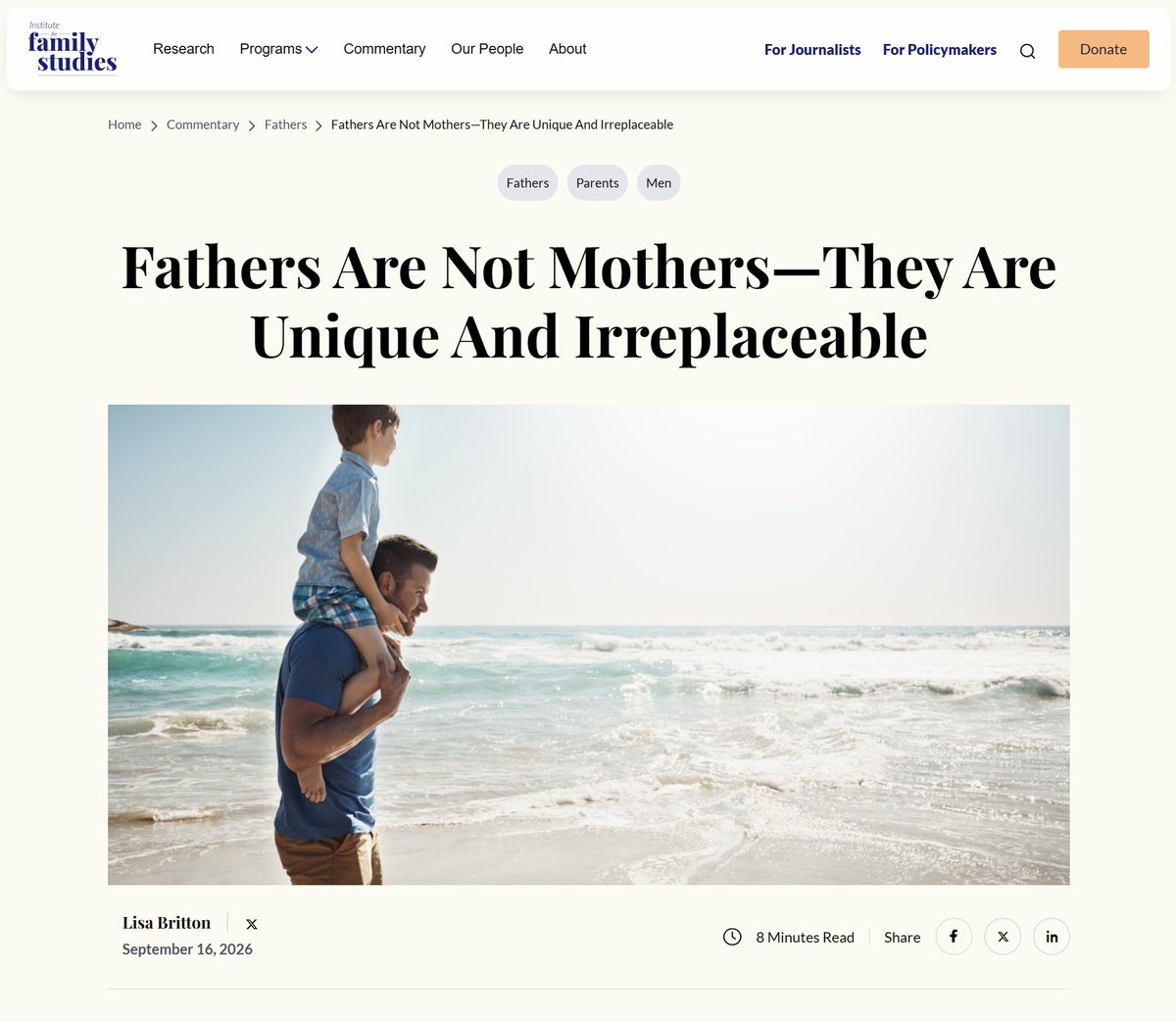 DavidMaywald's tweet photo. FATHERS AREN'T MOTHERS, AND THAT MATTERS A LOT

Lisa Britton has written an excellent piece for the Institute for Family Studies: Fathers Are Not Mothers—They Are Unique and Irreplaceable.
https://t.co/Kb6EPUYmxz

Her central point is simple but increasingly important: equality doesn't require sameness.

Fathers today are deeply involved in family life. They cook, clean, change nappies, carry babies, attend ballet lessons and football games, help with homework and spend substantially more time caring for their children than fathers did generations ago. That's something worth celebrating.

But celebrating involved fathers shouldn’t require pretending that fathers and mothers are interchangeable... Because they aren't.

Britton points to evidence associating engaged fatherhood with stronger self-regulation, fewer behavioural problems and better language development in children, while father presence can be particularly consequential for boys and girls in different ways.

Fathers parent differently.

They roughhouse. They encourage calculated risk. They challenge children to stretch beyond what they think they can do. They bring protection, playfulness, boundaries, confidence and a distinct masculine presence into family life...

That isn’t inferior parenting. It isn’t superior parenting. It’s fathering.

As Britton argues, families need not be built around two interchangeable adults performing precisely the same functions. Mothers and fathers can have equal dignity while bringing different strengths to the shared work of raising children.

We should want fathers to be more involved. Not by asking them to become like mothers, but by giving them the confidence and freedom to be good fathers...

Men and women needn't be rivals. Mothers and fathers needn't be copies. They’re on the same team.

And children deserve the distinctive love, presence and contribution of both. Different and equal.

Excellent piece, thank you @LisaBritton.

#Fatherhood #FathersMatter #DadsMatter #PositiveMasculinity #Masculinity #Parenting #Family #MenAndBoys #StrongFamilies #InstituteForFamilyStudies