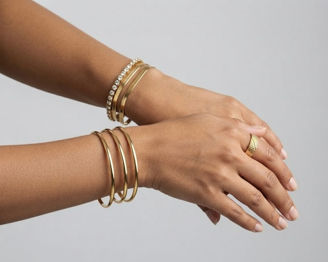 SBiviji's tweet photo. The stack said enough. We added one more anyway. Clean gold, subtle sparkle, and effortless layering that makes a simple look feel considered. https://t.co/Ib3yIDRIbi