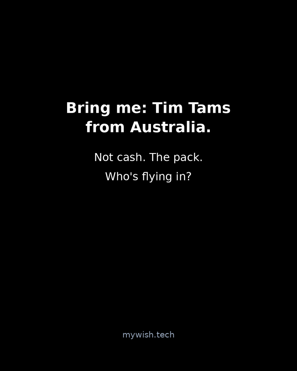 mywishtech's tweet photo. Bring me: Tim Tams from Australia.
Not cash. The pack.
Who's flying in? — https://t.co/gOxh09NLnS

#pabili #pasalubong #pahatid #handcarry
#MyWish #Microcard #SmallWorld https://t.co/GJO5zUVz6K