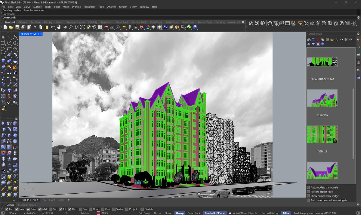 VenialDesign's tweet photo. Hola! Gracias por el interés en el proyecto. Qué pena que no te guste. Puedes ver nuestro portafolio, quizá encuentres algún proyecto que te guste, si no, también está bien. O quizá no eres nuestro público y eso también está bien. 

Te dejo una captura de pantalla de Rhinoceros, es un software de modelado en 3D. La arquitectura, como disciplina, usa recursos como este para representar, mostrar, analizar y estudiar proyectos, entre otras cosas, para determinar su materialidad, su proporción. 

Como este proyecto es conceptual y no pretende construirse, sería interesante ver qué propones para conectar la pérdida de patrimonio con el interés comercial y empresarial detrás de las constructoras. ¡Cuando puedas compartirlo, estaremos pendientes a tus soluciones! 

Saludos!