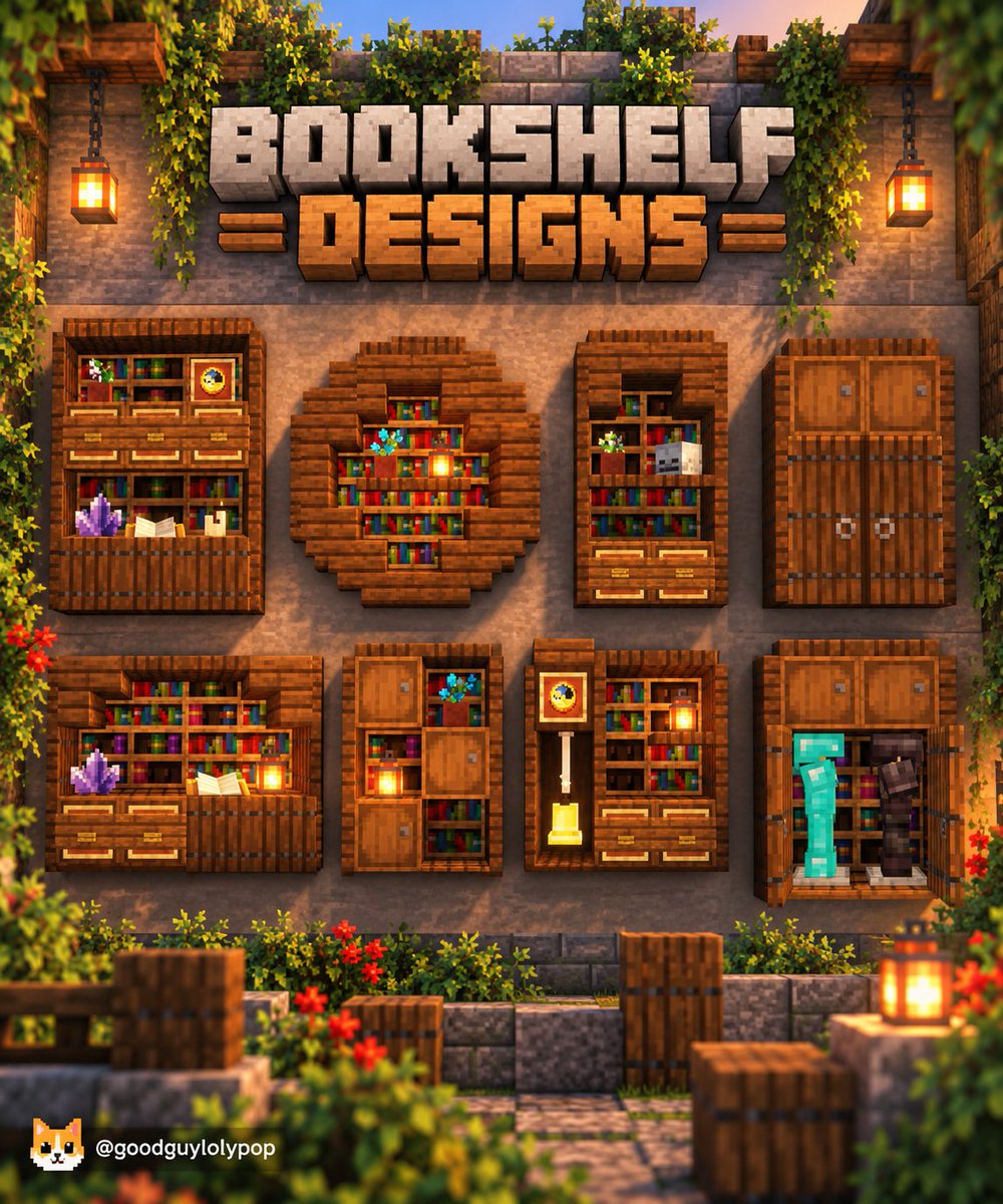 goodguylolypop's tweet photo. Bookshelf designs to your Minecraft builds 📚 https://t.co/PNB3jibnal