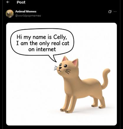 NokWhile's tweet photo. This is blowing up with engagement super quick - 150k views already in 1 HOUR

A cat named 'Celly' is going viral for being the ONLY REAL CAT on the INTERNET

Just look at the comments of this, CELLY IS THE ANTI AI CAT

Sending fees to Pause AI

https://t.co/GuaUQnrCN7 https://t.co/uZ8R2XPPBE