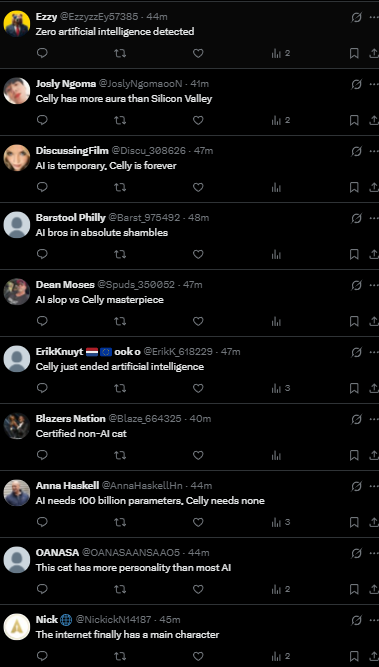 NokWhile's tweet photo. This is blowing up with engagement super quick - 150k views already in 1 HOUR

A cat named 'Celly' is going viral for being the ONLY REAL CAT on the INTERNET

Just look at the comments of this, CELLY IS THE ANTI AI CAT

Sending fees to Pause AI

https://t.co/GuaUQnrCN7 https://t.co/uZ8R2XPPBE