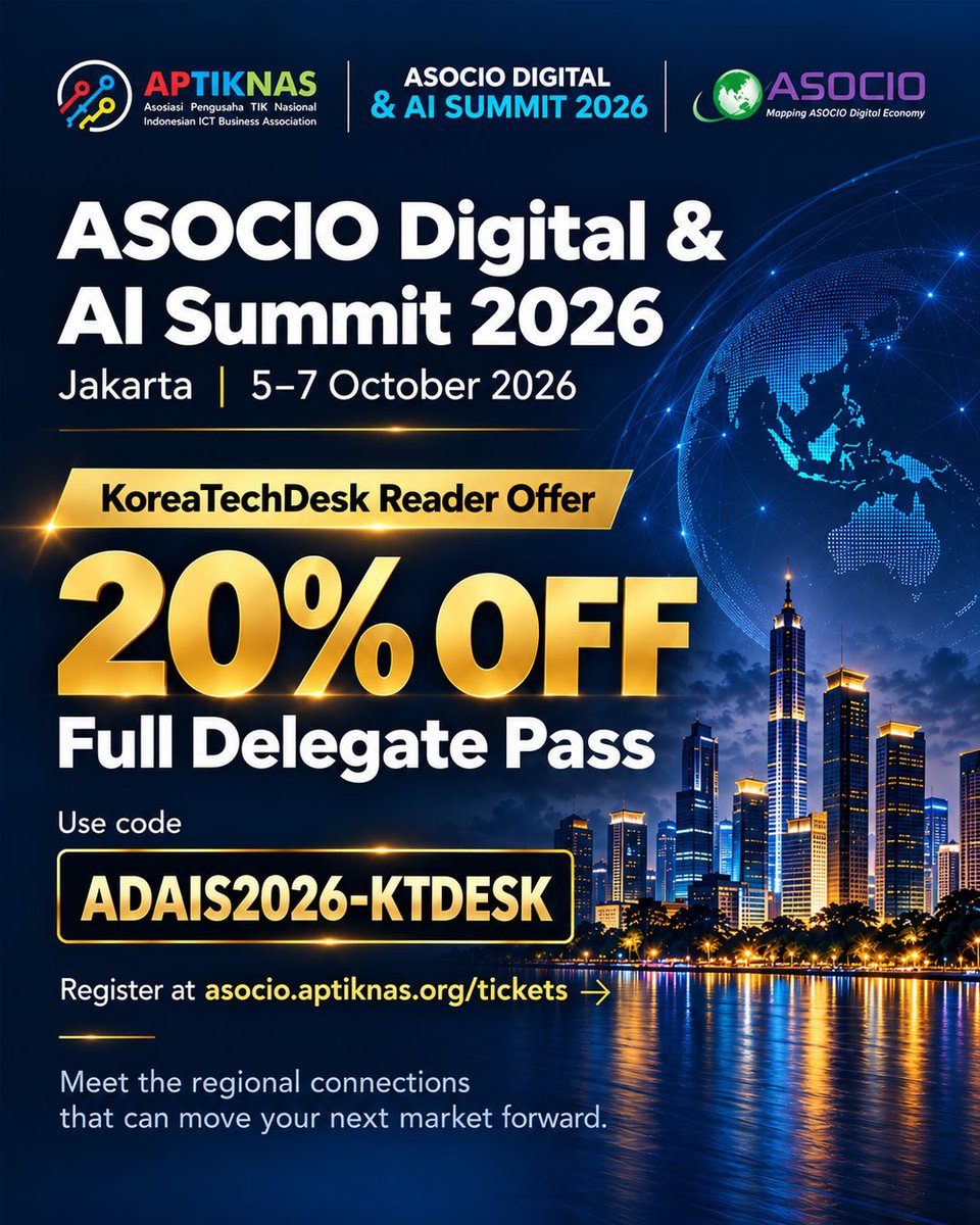 koreatechdesk's tweet photo. 25 economies. 20,000+ ICT companies. 🌏⚡

ASOCIO Digital &amp; AI Summit lands in Jakarta Oct 5–7. 

Meet the networks behind Asia-Pacific market entry.
Get 20% off with code ADAIS2026-KTDESK. 

#ASOCIO2026 #AI #AsiaTech #AsiaTechEvent #Startups #BusinessTips
https://t.co/MjtbcsviyY https://t.co/FMIwsWj9zf