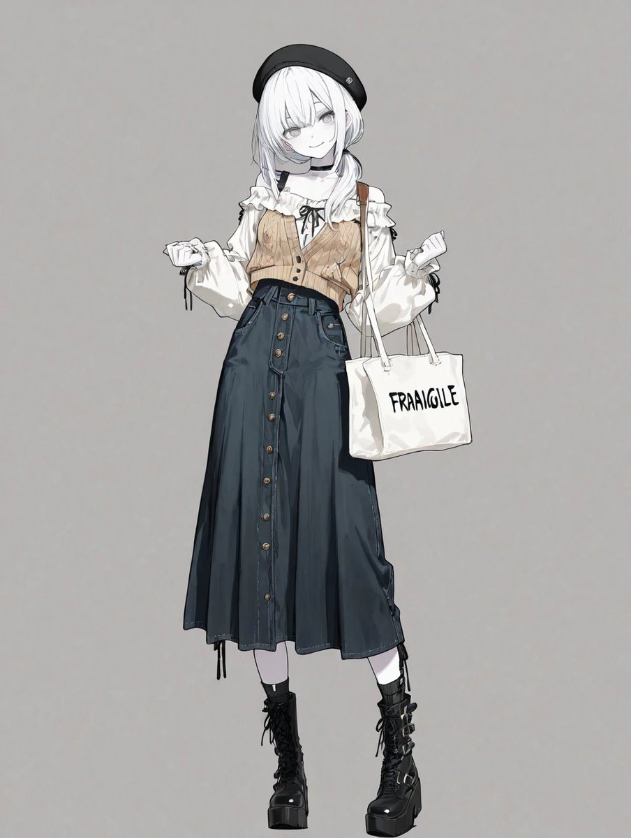 huku_ken_ai's tweet photo. 安定度いまいちですがvestの使い方がいい感じです。

black beret, off-shoulder blouse, ruffled neckline, strap, off-shoulder layering, khaki cropped knit vest, front lace-up, high-waisted denim long skirt, black denim, choker, crew socks, black platform boots, tote bag

#AIイラスト https://t.co/2PUDwQkdiK