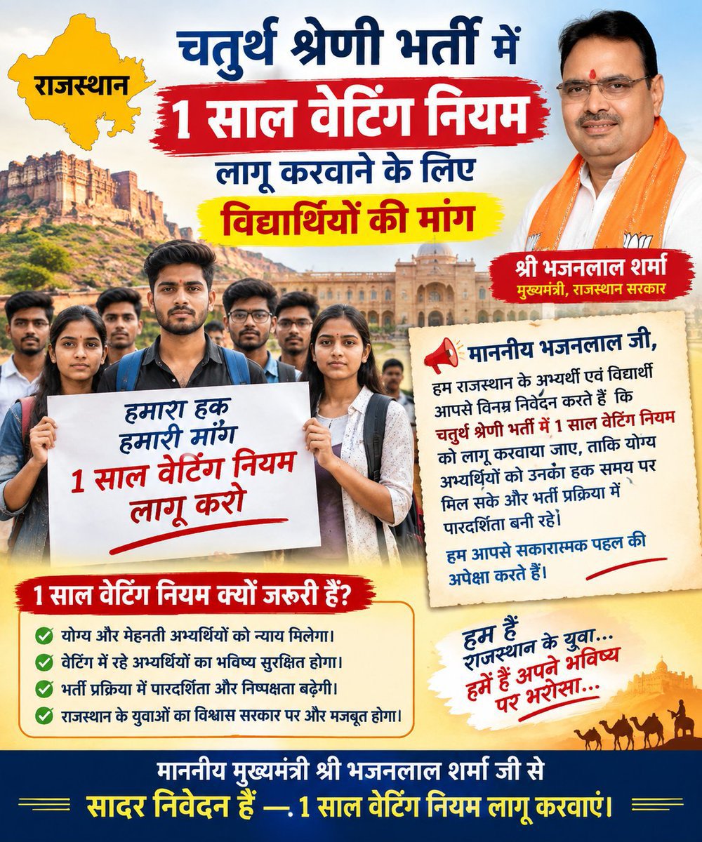 DRBABAL01's tweet photo. भजनलाल जी आप जिस युवा वर्ग के उत्थान के लिए शासन में आये थे आप उन्हीं के पेट में खंजर भोक रहे है चतुर्थ श्रेणी भर्ती में 1 साल वेटिंग नियम लागू होना चाहिए 🙏
@BhajanlalBjp 
@RajCMO @BJP4Rajasthan 
@KumariDiya 

ज्यादा रिपोस्ट करो ताकि आवाज सरकार तक जाए 🙏
#1yearwaitingrule https://t.co/xKSOwTvrMQ
