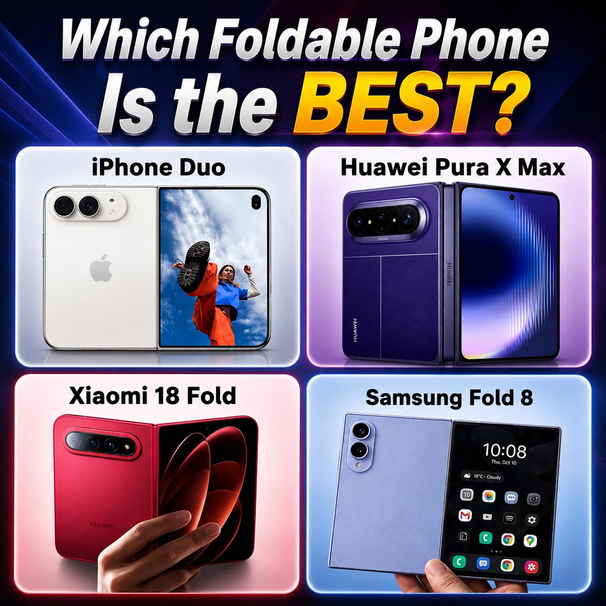 AmTechSA's tweet photo. Which Foldable Phone Is the BEST? 
Which one would you choose? Vote Now!

#FoldablePhone #iPhoneDuo #SamsungFold8 #Xiaomi18Fold #HuaweiPuraXMax https://t.co/iRkSfv2tK8