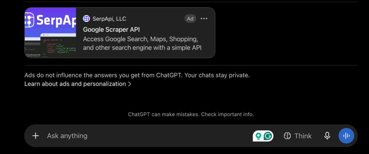 SarkarGPT's tweet photo. First in my bloodline to see ads on @ChatGPT https://t.co/avVBRkiwsf