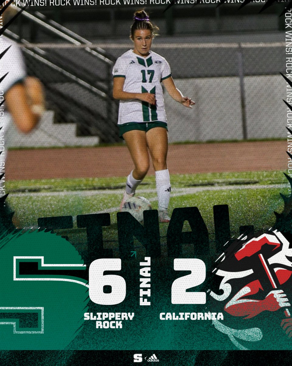 Rock_Athletics's tweet photo. WSOC: ROCK WINS! Slippery Rock takes sole possesion of first place in the PSAC West with a 6-2 victory over California (Pa.) at Mihalik-Thompson Stadium. Goal breakdown ⬇️

1. Los (Battalini)
2. Battalini
3. Los
4. Hill (Battalini)
5. Price (Revetta)
6. Deivert https://t.co/dNhtQWAQZY