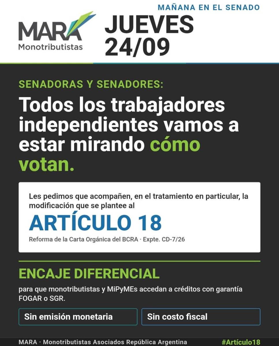MajoMschtz's tweet photo. @petecovischi @mariana_juri @DerechoUBA @SenadoArgentina @gvalenzuelaok Los trabajadores independientes necesitamos el ENCAJE DIFERENCIAL. Mañana 24 de septiembre acompañe el texto que modifica el art. 18.  No les pedimos planes ni subsidios! Solo eso https://t.co/LYsgygR8r2