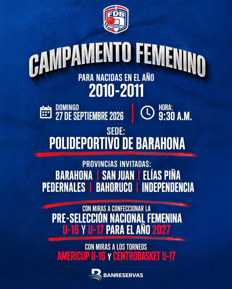 FedombalRD's tweet photo. Este fin de semana continúa el proceso de desarrollo y seguimiento del talento femenino dominicano. 

📍 26 de septiembre | San Cristóbal
📍 27 de septiembre | Barahona
Campamentos para jugadoras nacidas en 2010 y 2011, con miras a las preselecciones nacionales U16 y U17 de 2027. https://t.co/ikSiNwXZhp