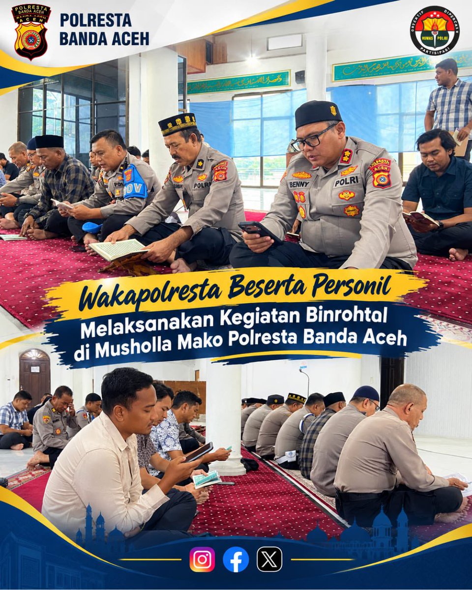 polresta_bna's tweet photo. Wakapolresta beserta personil melaksanakan kegiatan Binrohtal di Musholla Mako Polresta Banda Aceh.

@listyosigitprabowo
@divisihumaspolri
@spripim.polri
@spripimpoldaaceh
@ruddi.96
@bidhumaspoldaaceh
@humaspolrestabna
@polisi_peduli
@polisi_indonesia
#poldaaceh
#spripimpolri https://t.co/qz5jdVlmE8