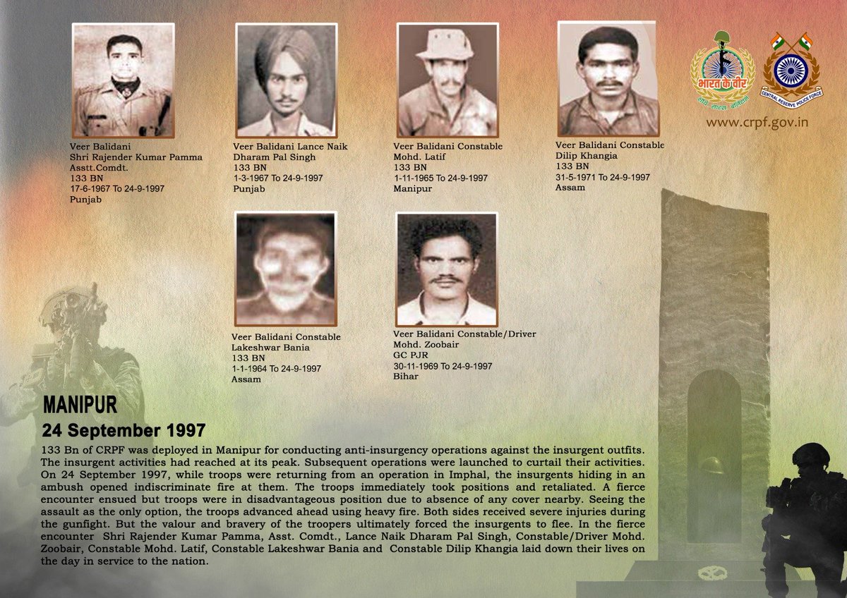 crpfindia's tweet photo. DG and all Ranks of #CRPF pay solemn tribute to 6 brave troopers of 133 Bn and GC Pinjore, who made the supreme sacrifice after sustaining grievous injuries while valiantly countering an ambush by insurgents in Imphal district, Manipur, on 24 September 1997. #CRPF salutes the bravehearts and pledges never to let their sacrifice go in vain.

#LestWeForget
🇮🇳 #Bharat_Ke_Veer 🇮🇳