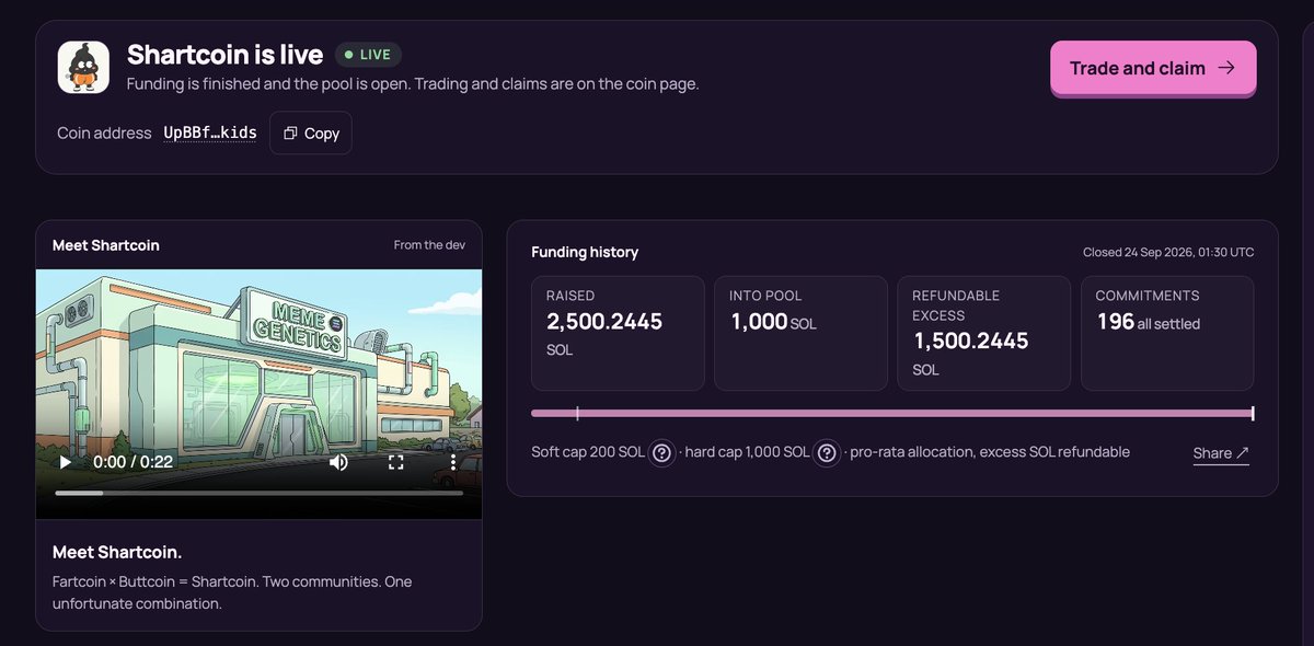 kidsdotfun's tweet photo. 2,500 SOL commited to $SHARTCOIN launch.

the token is now live and tradable on all terminals.

CA: UpBBfyC75u3kxDGWmmmW2yauk9YY3CqZhdt1KUDkids

$Fartcoin and $Buttcoin holders can claim their share on https://t.co/21sxK2lP6l https://t.co/2eA65BuFTp
