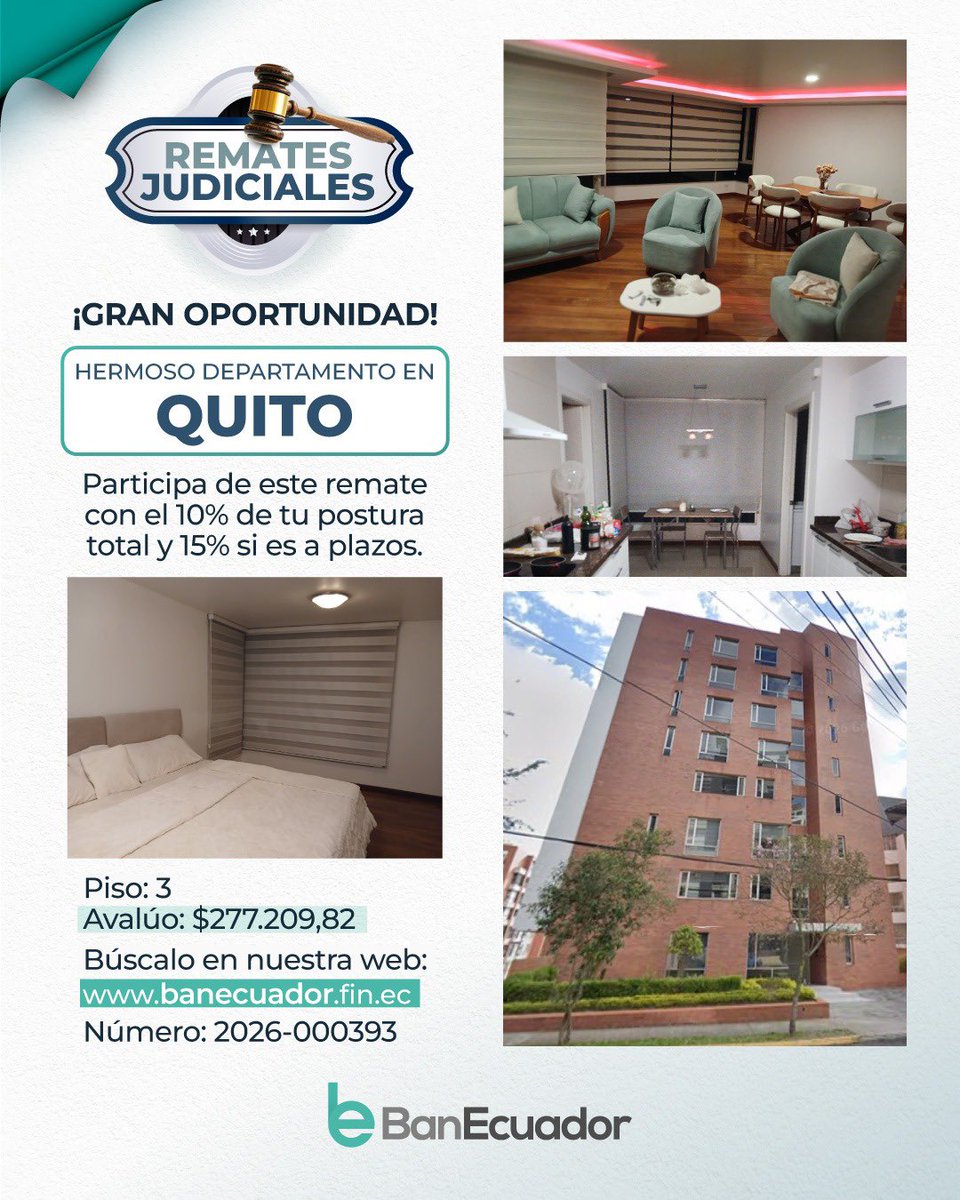 BanEcuadorBP's tweet photo. ¡Oportunidad en #Quito!

Participa en el remate de este departamento.

Consulta toda la información en ➡️ https://t.co/D3iu2eSGmQ https://t.co/byBiNuLrKX