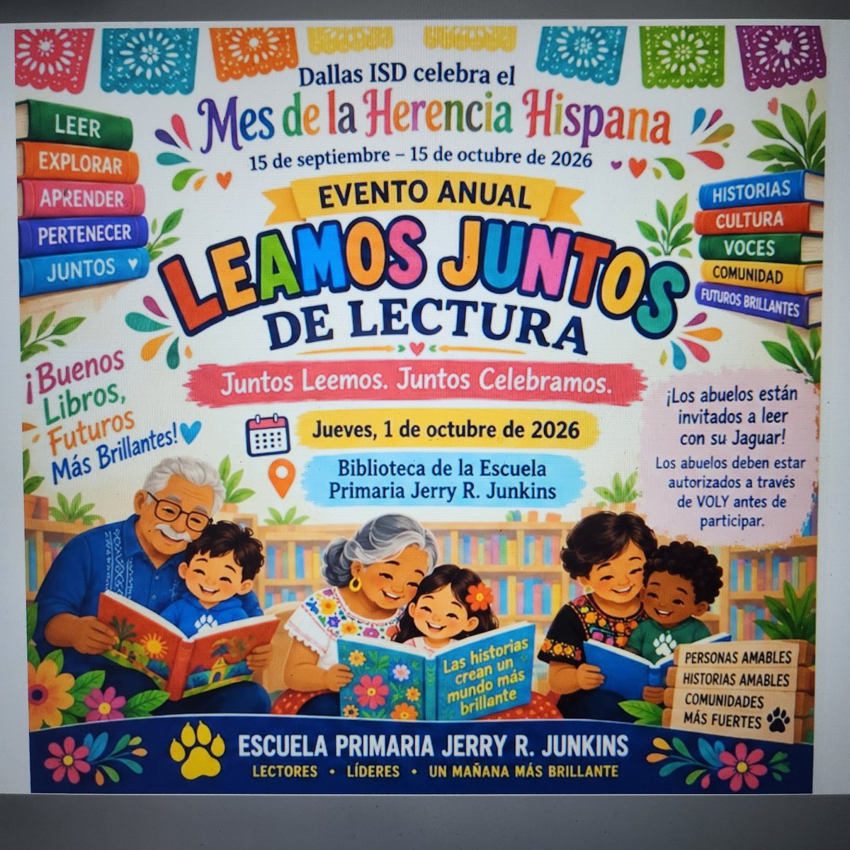DoraRenaud's tweet photo. At @junkinsjaguars, we believe that some of the most meaningful learning happens when families read together. Come join us as we celebrate Leemos Juntos! #HispanicHeritageMonth https://t.co/UghG6Y3CZr
