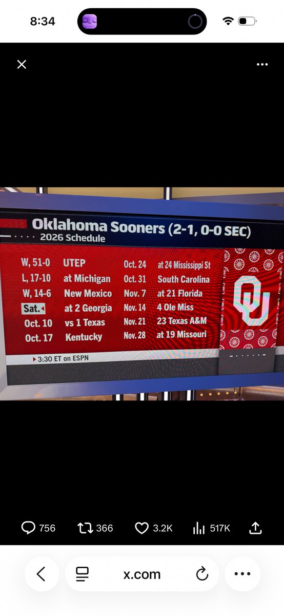theedjohnson's tweet photo. Never been one to love on the Sooners, but even I have to admit this schedule is a beast. Would love to see Miami, Notre Dame, or even Indiana play a schedule like this. https://t.co/R7rL495j8X