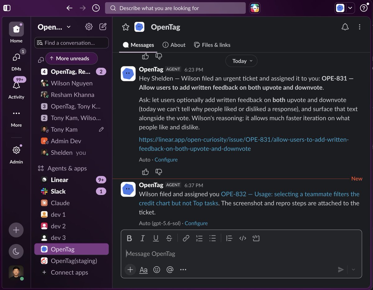 sheldenshi's tweet photo. @opentag can now DM a teammate and follow up for you until the task is complete.

you no longer have to mentally track progress of a delegated task. https://t.co/a1tkhYKBkm