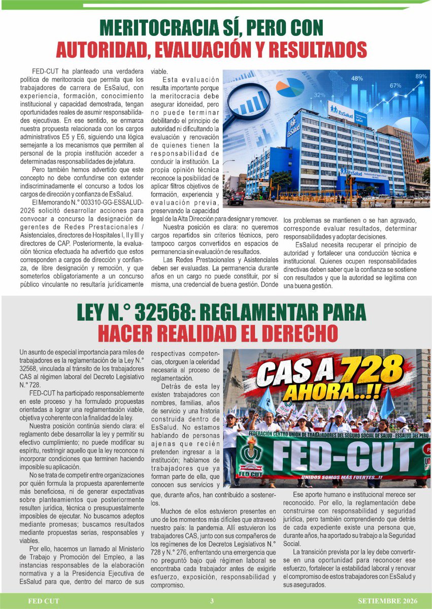 FedCut's tweet photo. 📢 Informativo CUT N.° 12 🇵🇪
Avanzamos en el diálogo con la Alta Dirección de EsSalud y el MTPE por la escala salarial, la reglamentación de la Ley 32568 (CAS a 728) y el respeto a nuestros derechos.
¡Unidad, responsabilidad y firmeza! ✊🏼
#FEDCUT #EsSalud #Ley32568 https://t.co/nbByxucjXT
