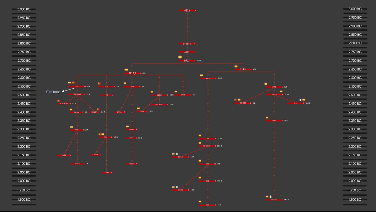 A_142_857's tweet photo. @Maptysk @christoskalt Ese ejemplar que señalas es P312>DF19, no fue un clado fundador, 1% en la actualidad. 
Los L151* de la CWC son clados hoy extintos, P312* es de antes del 3000 BC.
EHU002 es P312>DF27>ZZ12_1>FTT1.
ZZ12_1 fue el clado con más éxito reproductivo durante el 2600-2000 BC. https://t.co/sQkgrta1qN