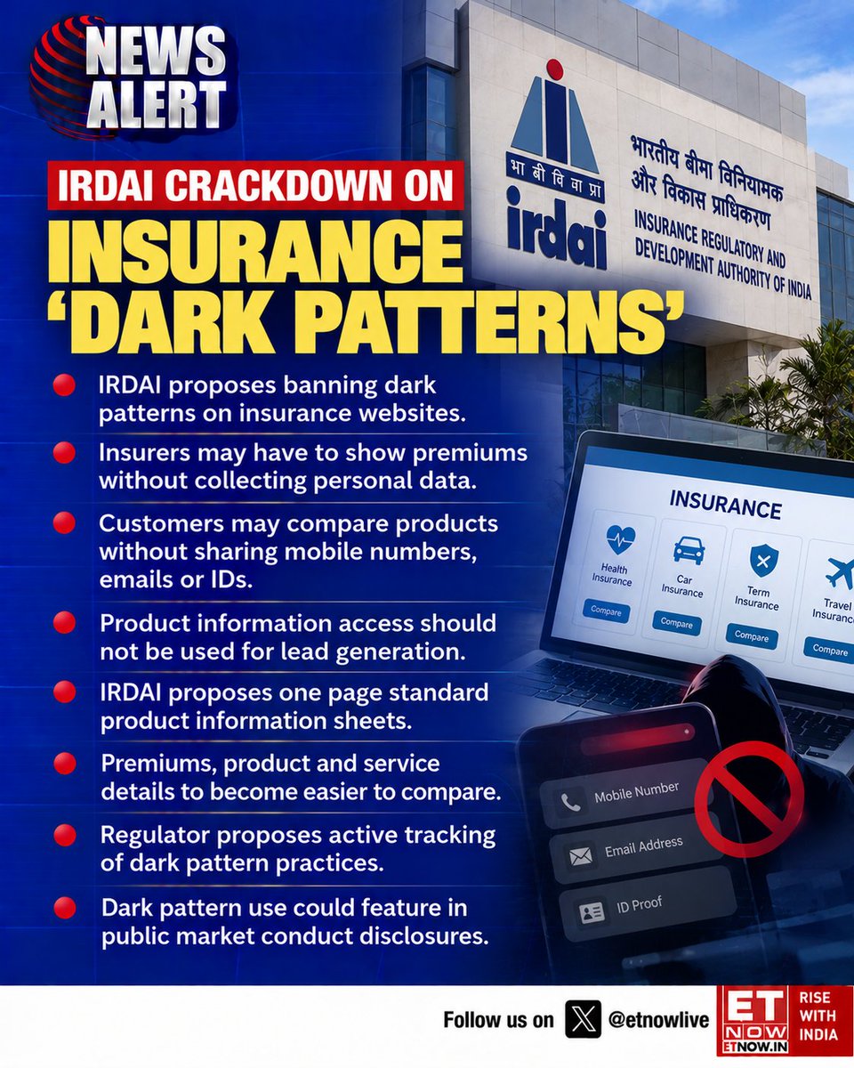 ETNOWlive's tweet photo. IRDAI proposes tighter rules on insurance websites, including a ban on dark patterns and easier comparison of premiums and products
#IRDAI #Insurance #InsuranceSector https://t.co/wYd1vH81Cg