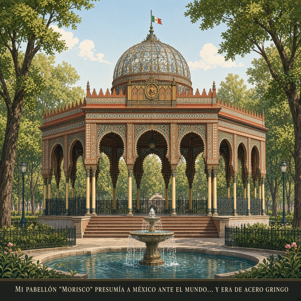 DonPorfirioDiaz's tweet photo. Ese hermoso kiosco de hierro que hoy es el corazón de la colonia Santa María la Ribera nació para presumir a México ante el mundo. Y guarda una ironía deliciosa: mi orgulloso pabellón "mexicano" tuvo que fabricarse en Estados Unidos, porque en México no teníamos con qué.

El Kiosco Morisco fue el pabellón que México llevó a la Exposición Universal de Nueva Orleans en 1884, la primera vez que nuestro país se presentaba en una feria internacional. Lo diseñó el ingeniero mexicano José Ramón Ibarrola, una fantasía de hierro y cristal en estilo morisco, para anunciarle al mundo civilizado que México ya pertenecía a la modernidad. Pero al ponerse a construirlo, tropezó con una verdad incómoda de mi régimen: en todo México no había una sola fundidora capaz de forjar una estructura de ese tamaño. Así que se fundió y se armó en Pittsburgh, en las acereras del magnate estadounidense Andrew Carnegie. Mi pabellón para presumir lo mexicano estaba hecho, literalmente, de acero gringo.

Después de recorrer las ferias, el kiosco volvió a casa y se instaló en la Alameda Central, donde durante años fue la sede de los sorteos de la Lotería Nacional (por eso el edificio de la Lotería en Reforma todavía se llama "El Moro"). Y cuando, para mi Centenario de 1910, decidí levantar en ese lugar el Hemiciclo a Juárez, su estructura desarmable permitió mudarlo a Santa María la Ribera, donde sigue, adorado, más de un siglo después. Me gusta esta historia porque me retrata entero: quería deslumbrar al mundo con la modernidad de México, pero esa modernidad la comprábamos afuera. Presumíamos lo nuestro con acero ajeno. Cuídate de las naciones que necesitan importar hasta el hierro con que fabrican su orgullo. ¿Conoces el Kiosco Morisco de Santa María la Ribera? Pocos saben que se hizo en Pittsburgh. Cuéntame 👇