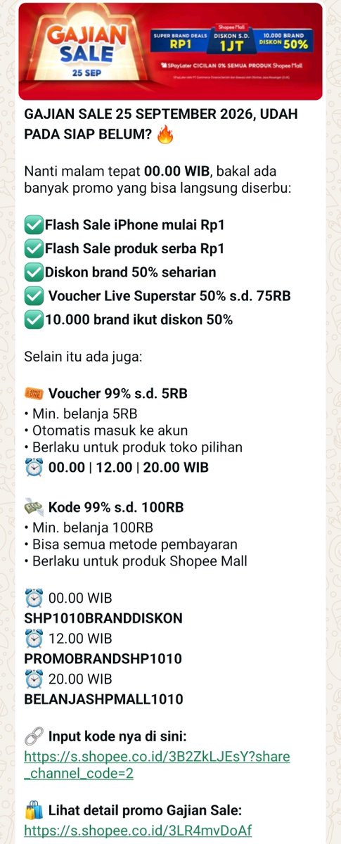 sl0wdussk's tweet photo. SERBU GAJIAN SALE 25 SEPTEMBER‼️

ada flash sale iPhone &amp; produk serba Rp1, brand diskon 50%, voucher Live sampai 75RB

serta ada voucher 99% s.d. 5RB + 99% s.d. 100RB khusus Shopee Mall✨️ 

📌 00.00: SHP1010BRANDDISKON
📌 12.00: PROMOBRANDSHP1010
📌 20.00: BELANJASHPMALL1010 https://t.co/yK72qU7vlx