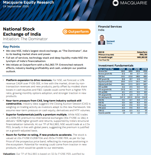 nimeshscnbc's tweet photo. Macquarie initiates coverage on NSE on the day of its listing 

Macquarie on NSE
Initiate O-P, TP Rs 1965
view NSE, India's largest stock exchange, as “The Dominator”, due to its leading market share and power.
Full set of services, technology stack and deep liquidity make NSE the lynchpin of India's financialisation.
Entrenched network effects, industry-leading profitability and cash, underpin our positive outlook

@CNBCTV18News @_prashantnair @Nigel__DSouza