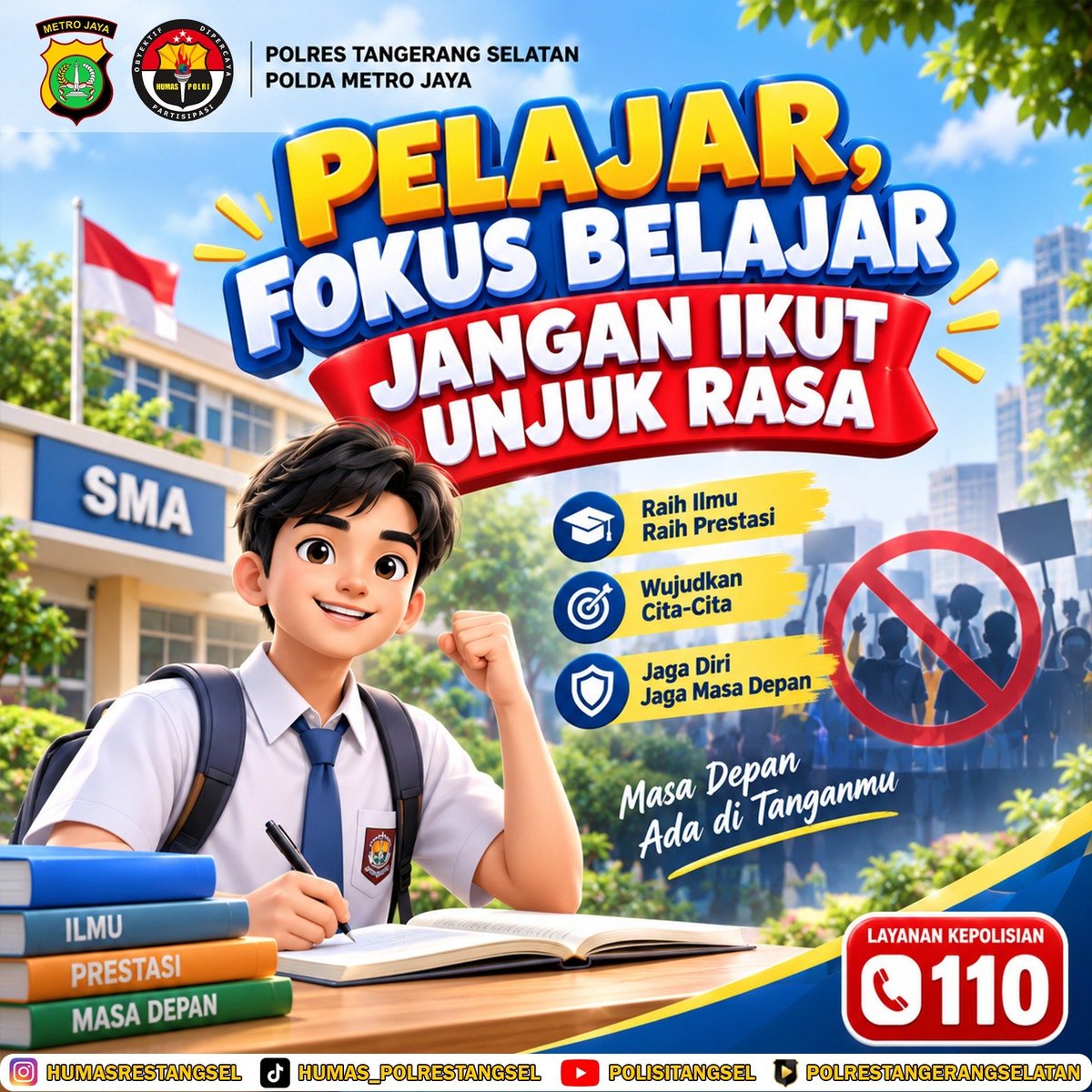 Aren_Sector's tweet photo. 📚 Pelajar, Fokus Belajar! 🎯

Jangan ikut unjuk rasa. Raih ilmu, wujudkan cita-cita, dan jaga masa depanmu. Masa depan ada di tanganmu! 💪✨

#PolresTangsel #PelajarBerprestasi #FokusBelajar #RaihPrestasi #JagaMasaDepan #CETAR #Layanan110 https://t.co/fy3GmWFOcP