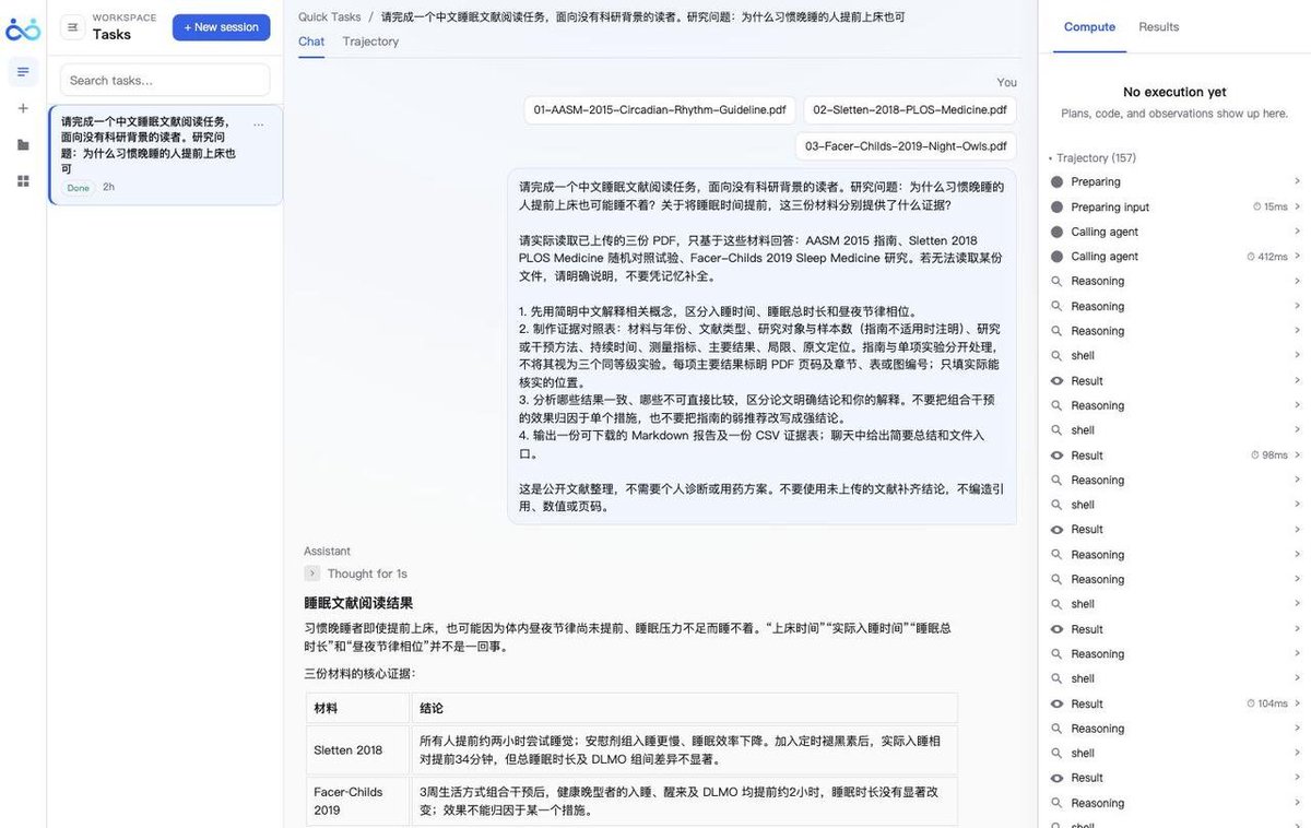 jinchenma_ai's tweet photo. 我建议大家除了多刷X、Youtube看一手信息，优质论文也要多看，在 AI 辅助下，看这些内容已经没什么门槛了。

我一个非科研狗，用 ScienceBuddy 也能轻松看论文了。

现在我经常凌晨两三点，甚至四点才睡觉，早上十点、十一点才起床。

家里人也多次让我早点睡，我自己其实也想。但试过好几次，一想早睡就睡不着，然后又得折腾到天亮，反而睡得更不好。

于是我就想着，关于睡眠，有没有什么科学的做法，能帮我解决这个问题？

最近 Anthropic 也分享了 Claude 优化生物领域模型代码的进展，AI 已经开始参与一些具体的科研工作了。

ScienceBuddy 背后的团队 @PhAILabs 也开源了 ScienceIDE，把多个领域的真实科研代码整理成任务，让 AI 练习修复代码，再检查算出来的结果能不能对得上。

正好这次受邀尝试 PhAI Labs 的 ScienceBuddy，一个目前免费的 AI 科研工作台，我就想拿自己的睡眠问题试试，看看它能不能帮我解读相关论文。

于是我找了三份睡眠相关的论文和指南，上传到了 ScienceBuddy，让它帮我解读，再把里面的研究结果、适用条件和原文出处整理成一张表。看完有不明白的，就继续追着接着问，让它补查一些研究内容。

它整理出来的结果里提到，晚睡不一定就等于不健康，还得看睡眠时长够不够、作息是不是规律。

哎，看完结果，我感觉心情好多了，至少缓解了一部分焦虑。因为我不用光盯着自己几点睡，还可以先想办法把睡眠时间保证好。

另一个让我印象比较深的，就是它整理出来的调整思路：想调整作息，得先保证足够的总睡眠。

我现在是自由职业，时间还算自由，晚睡了可以安排晚一点起，睡够了，白天才有精神头。我准备先把睡眠时间保证好，再逐步把作息稳定下来，往前挪一挪。

平时碰到这种问题，我可能就搜搜 Google，或者直接问 AI，但查完之后，还得自己去判断这些信息靠不靠谱。

我觉得用 ScienceBuddy 比较方便的地方，就是能帮我解读这些英文论文，而且它生成的结果能够追溯到原文的具体位置。这样就更方便判断，AI 到底是在编胡话，还是确实有所依据。

这次核对时也发现，个别页码标得不准。不过它把要看的材料和对应的结论整理到一起了，确实省了不少来回翻找的工夫。

做生物医学研究，或者经常需要整理这类文献的朋友，可以试试。目前免费，浏览器打开就能用：
https://t.co/3P3SfwnM0c

 #ScienceBuddy #PhAILabs #AIforScience