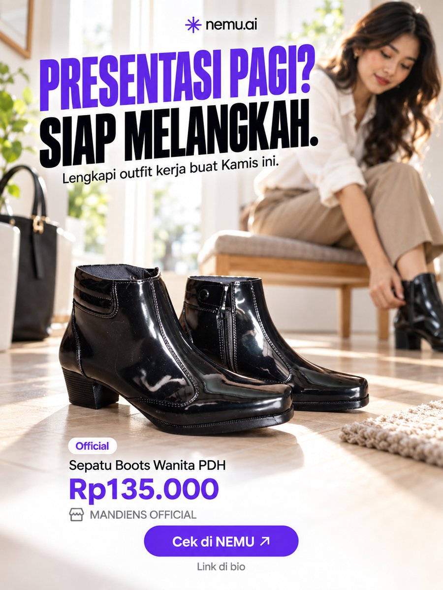 NEMU__AI's tweet photo. Presentasi boleh bikin grogi, outfit tetep rapi.

Cek di NEMU, link di bio.

Boots Wanita PDH dari MADIENS OFFICIAL, Rp135.000. Tinggal padukan sama kemeja dan celana bahan.

Cek ukuran dan detail sebelum checkout.

#NEMU #OutfitKerja https://t.co/1gBBEBpq3q