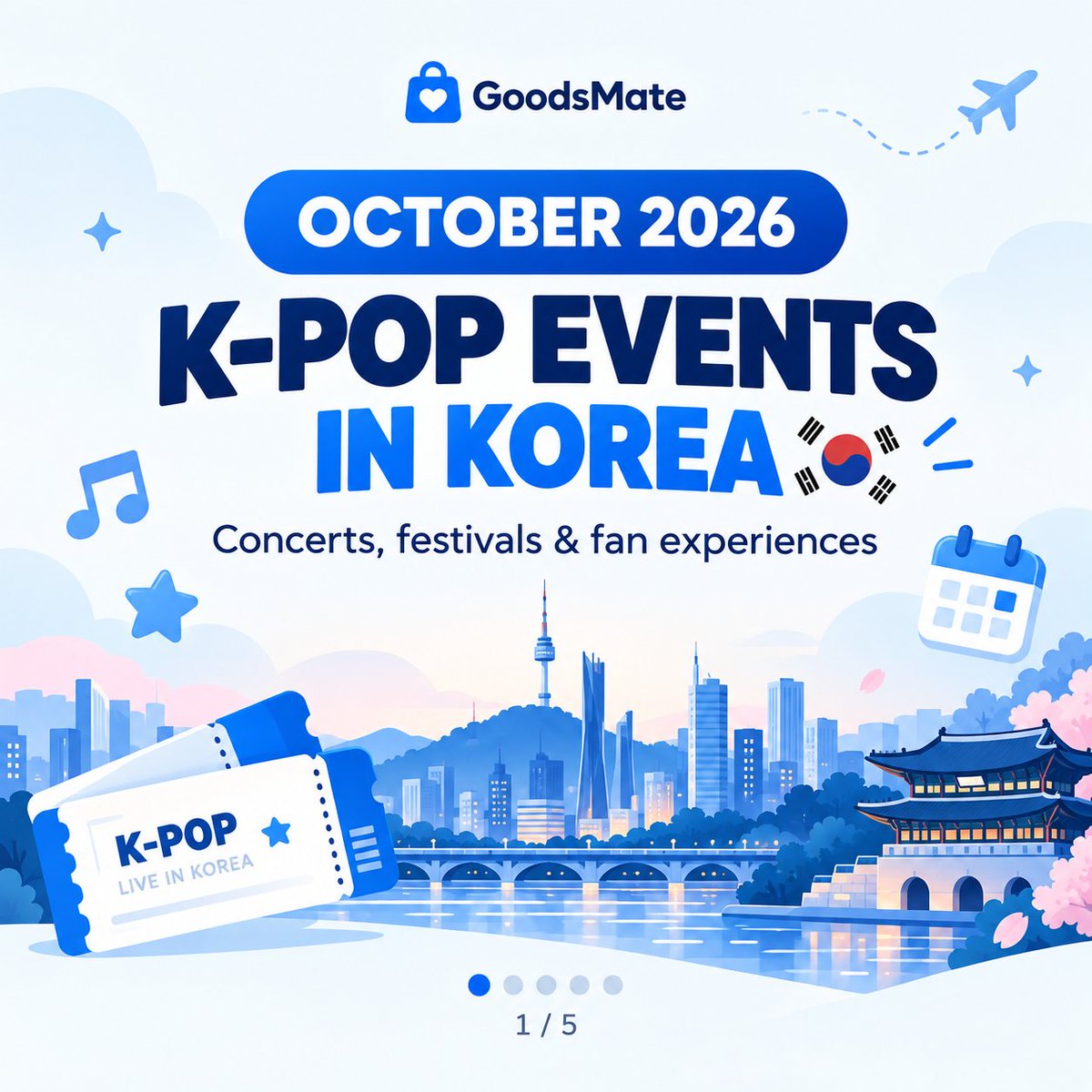 wonkainews's tweet photo. 🇰🇷 Coming to Korea this October?

Your K-POP calendar is here! 🎤

From AKMU’s Seoul concert to NOL FESTIVAL and HYBE CINE FEST, here are three events to know about in October 2026.

📅 Oct 9–11 — AKMU, Seoul
🎶 Oct 17–18 — NOL FESTIVAL, Goyang
🎬 Oct 24–31 — HYBE CINE FEST, Seoul

Which event would you love to attend? Tell us in the comments!

💙 Save this post for your Korea trip and share it with your K-POP friends.

Discover more Korean events and fan experiences at https://t.co/cL24DjmCvk — link in bio.

Schedules and ticket availability may change. Check official announcements before making travel plans.

#KPOP #KpopEvents #KoreaTravel #SeoulTravel #AKMU #NOLFestival #HYBECineFest #KpopFans #GoodsMate