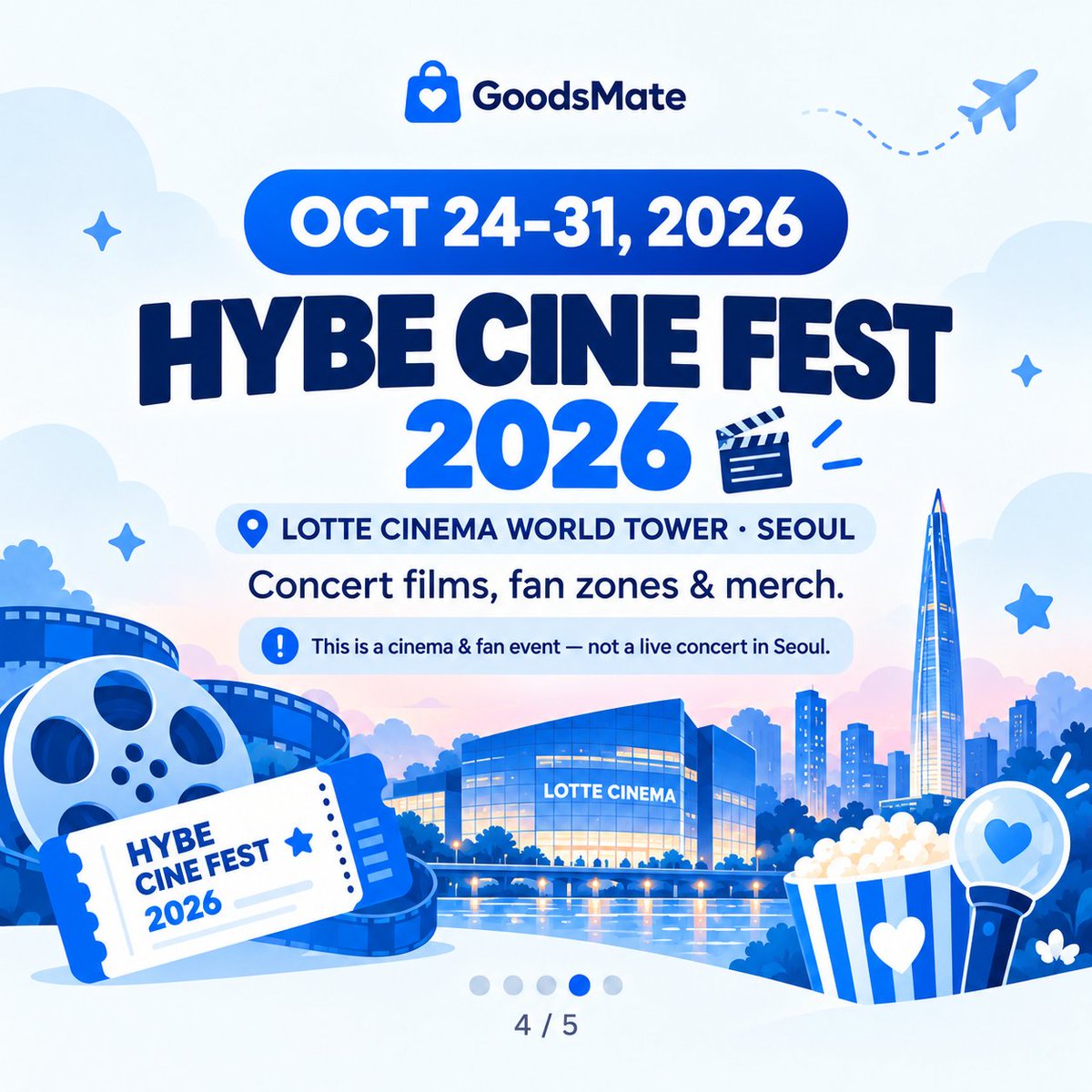 wonkainews's tweet photo. 🇰🇷 Coming to Korea this October?

Your K-POP calendar is here! 🎤

From AKMU’s Seoul concert to NOL FESTIVAL and HYBE CINE FEST, here are three events to know about in October 2026.

📅 Oct 9–11 — AKMU, Seoul
🎶 Oct 17–18 — NOL FESTIVAL, Goyang
🎬 Oct 24–31 — HYBE CINE FEST, Seoul

Which event would you love to attend? Tell us in the comments!

💙 Save this post for your Korea trip and share it with your K-POP friends.

Discover more Korean events and fan experiences at https://t.co/cL24DjmCvk — link in bio.

Schedules and ticket availability may change. Check official announcements before making travel plans.

#KPOP #KpopEvents #KoreaTravel #SeoulTravel #AKMU #NOLFestival #HYBECineFest #KpopFans #GoodsMate