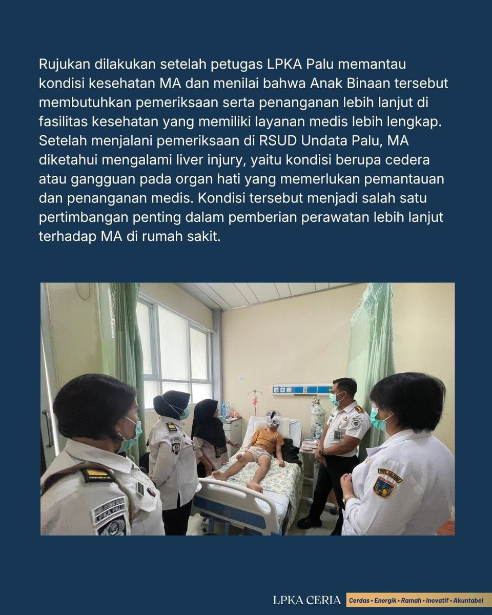 LPKAPALU's tweet photo. Utamakan Kesehatan Anak, LPKA Palu Gerak Cepat Berikan Penanganan Medis

LPKA Palu menunjukkan komitmennya dalam memastikan kesehatan dan keselamatan setiap Anak Binaan. Hal tersebut diwujudkan dengan merujuk salah seorang anak binaan ke Rumah Sakit Umum Daerah Undata Palu. https://t.co/qo9qzEX0id