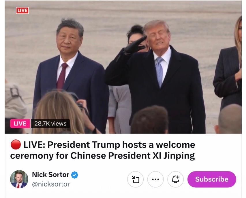 DrLiMengYAN1's tweet photo. Exactly! 
See how President Trump laughed as two B-1 bombers flew overhead!😄
This is exactly the interaction between @POTUS and Xi Jinping that I analyzed in today’s livestream:
“Dr. Yan Talks (Lude Media) - Xi Jinping Stunned! B-1 Bombers Appear Just Moments After He Lands! Trump Smiles as Two Bombers Roar Overhead—The Trump-Xi Summit Drama Begins!”
https://t.co/JEaocBg9Ka