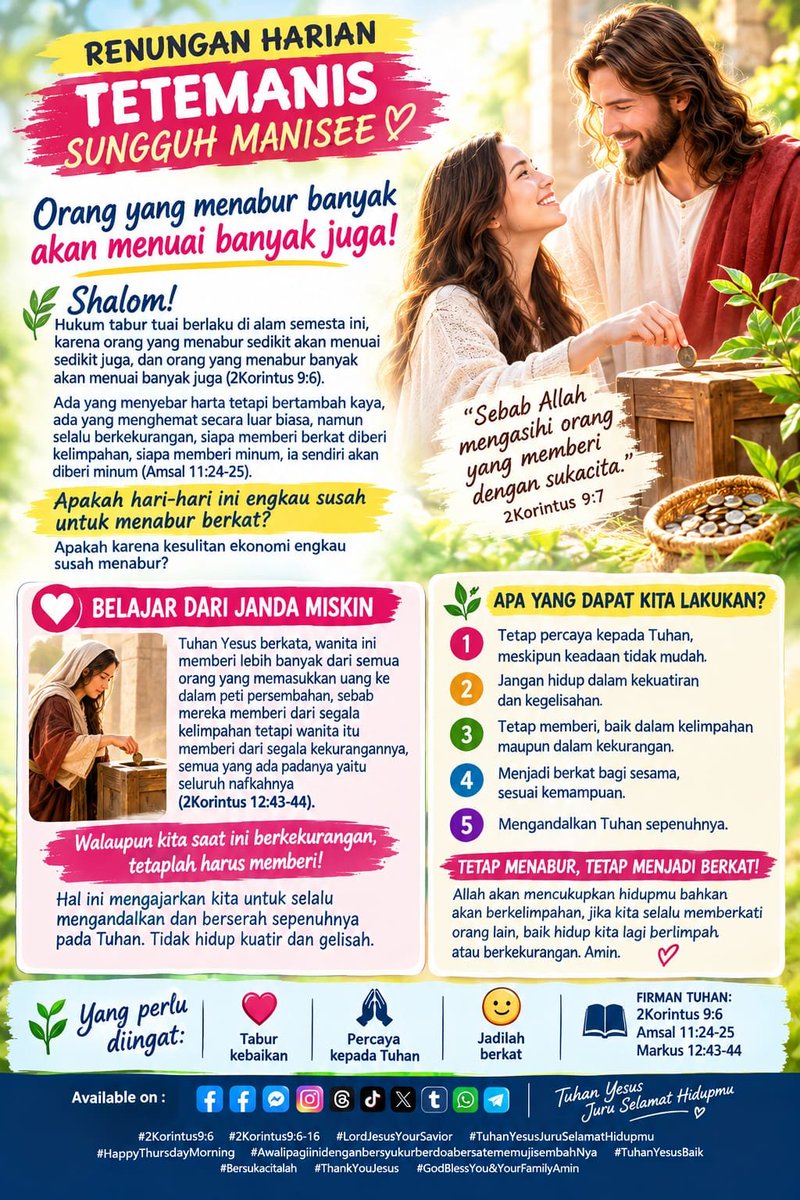 lemuel_marthen's tweet photo. RENUNGAN HARIAN TETEMANIS SUNGGUH MANISEE

Shalom! Orang yang menabur banyak akan menuai banyak juga!
.
#2Korintus9:6-16
#2Korintus9:6
#LordJesusYourSavior
#TuhanYesusJuruSelamatHidupmu
#HappyThursdayMorning

               https://t.co/JHI7ILcu85 https://t.co/ODoB6dakVA