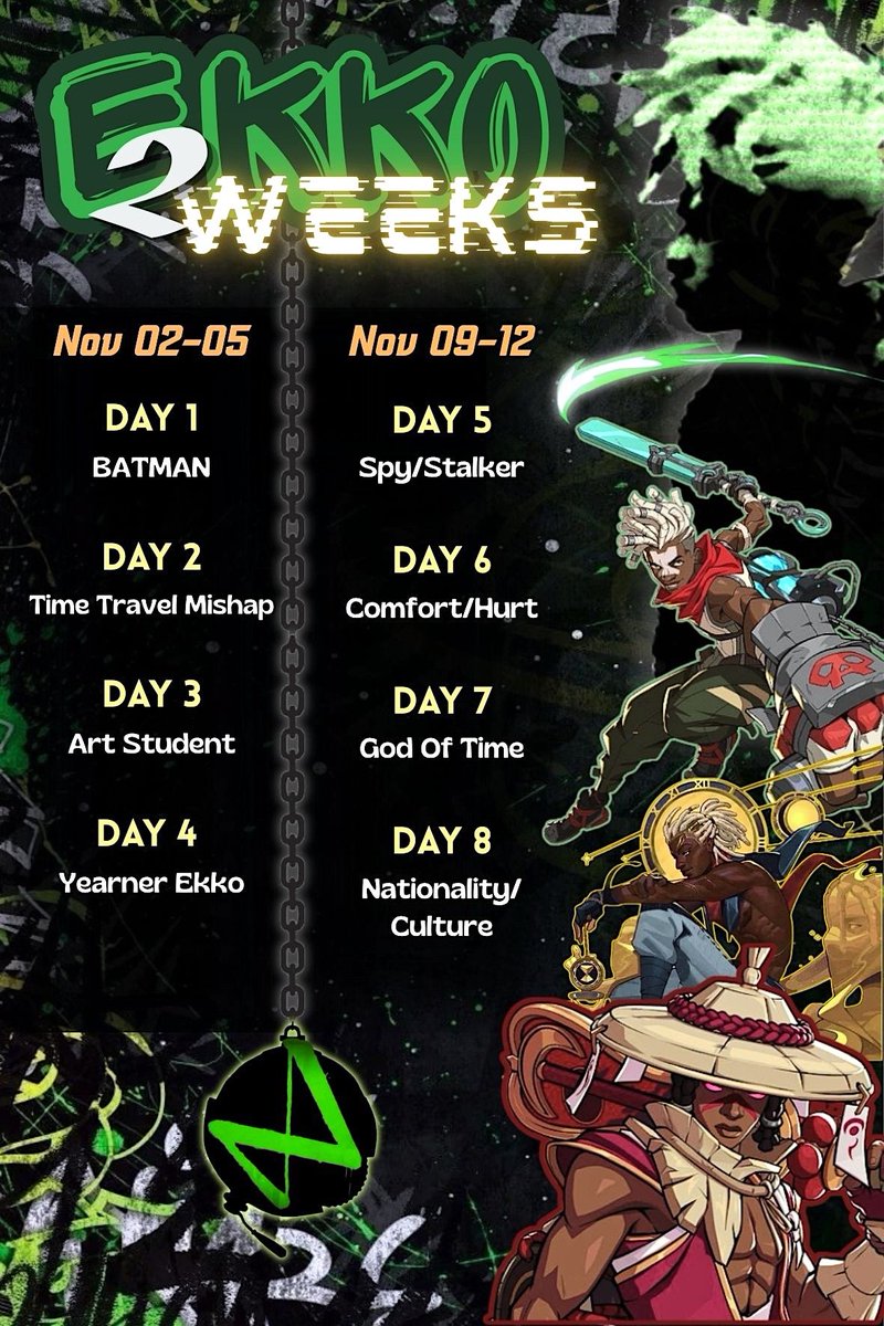 Ilove4ekko's tweet photo. We're so happy to invite you to our Ekko celebration taking place over 2 weeks in November #Ekkoweek26 #Ekko2weeks26 !!

In total : 1 prompt every day for 8 days plus a 3-day break between the 2 weeks:
• Monday 2nd to Thursday 5th
• Monday 9th to Thursday 12th

We can’t wait❣️ https://t.co/VhpWihKADZ