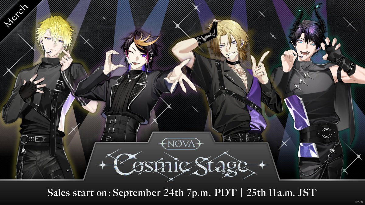 NIJISANJI_World's tweet photo. 【#NØVA -Cosmic Stage- merch announcement】

New #NØVA -Cosmic Stage- merch will soon be available on the #NIJISANJI_EN Official Store ✨

This merch will feature Sonny Brisko, Shu Yamino, Luca Kaneshiro, and Ren Zotto from the unit NØVA!

Check the thread for details!

⏰ Sales start
September 24 (Thu) 19:00 PDT