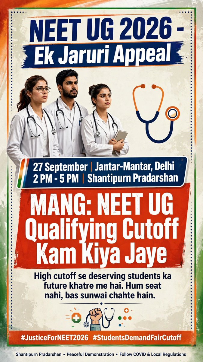 reduce_qualifym's tweet photo. Join us for PEACEFUL PROTEST on 27 September at Jantar Mantar, Delhi from 2-5pm DEMANDING to reduce qualifying cutoff of neet UG 2026

@NTA_Exams @JPNadda @JoshiPralhad @narendramodi @RahulGandhi @BJP4India @Cockroachisback
@CJPfor_India
#reduceneetqualifycutoff #neet2026 https://t.co/t8PetfKQQC