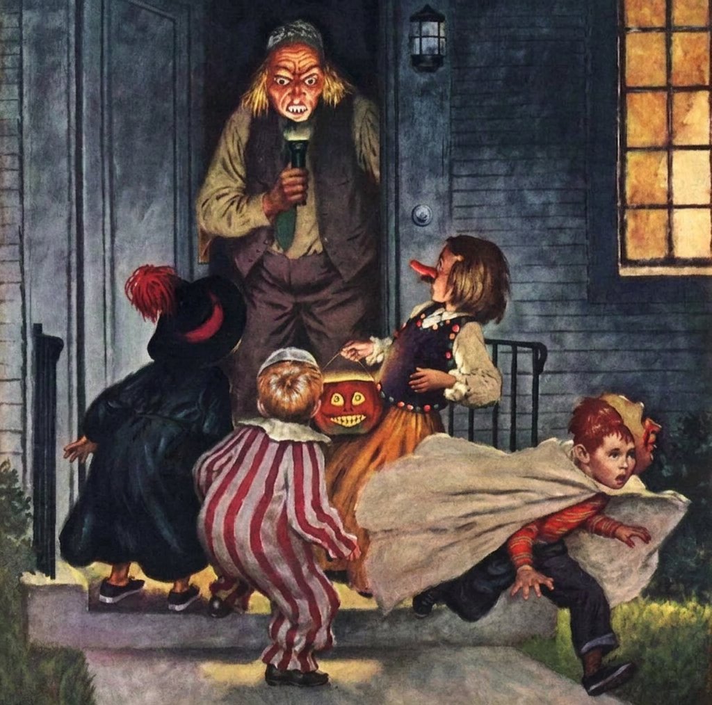 HorrorCarnival's tweet photo. 37 Days Until Halloween 🍂🎃🍂

(The classic 1951 Saturday Evening Post cover illustration titled "Tricking Trick-or-Treaters" by American artist Amos Sewell) https://t.co/tJaAs3Ro11