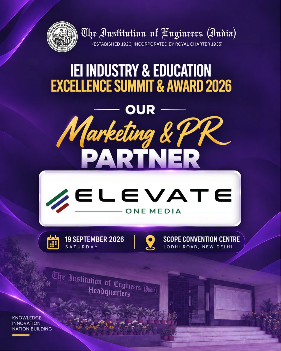 ieiawards's tweet photo. Celebrating Our Marketing & PR Partner | IEI Awards 2026

We extend our appreciation to Elevate One Media, the Marketing & PR Partner for the IEI Industry & Education Excellence Summit & Award 2026.

Their support contributed to bringing the Summit & Awards and its celebration of engineering excellence, innovation, industry and education to a wider audience.

🤝 Thank you, Elevate One Media, for being part of this journey.

#IEIAwards2026 #IEISummit2026 #ElevateOneMedia #MarketingPartner #PRPartner #EngineeringExcellence #EngineeringIndia #Innovation #IEI