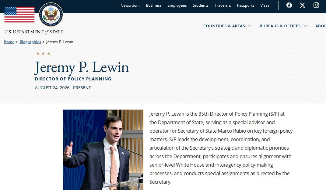Cubannator's tweet photo. #JeremyLewin, who helped Democrats research information for the impeachment of President @realDonaldTrump as an assistant to Laurence Tribe and who celebrated Biden’s 2020 win as “Team Joe,” has been appointed by #SecRubio as 'Director of Policy Planning' at the #StateDept. 
Yup, #theBlob at the State Dept continues. But "Cuba is Next!" lolz
#AmericaFirst? #MAGA?