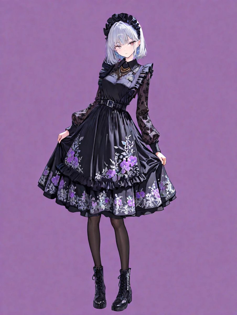 huku_ken_ai_sub's tweet photo. 黒メイド服。花柄と銀刺繍が黒に映えていると思います。

服装部分のプロンプト
black collared maid dress, long-sleeves, deep purple floral print, ruffled black apron, intricate silver embroidery, layered long skirt, belt, necklaces, black stockings, ankle boots

#AIイラスト https://t.co/xmZ1K0xwYL