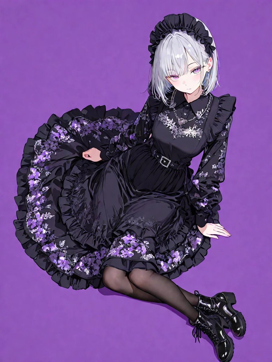 huku_ken_ai_sub's tweet photo. 黒メイド服。花柄と銀刺繍が黒に映えていると思います。

服装部分のプロンプト
black collared maid dress, long-sleeves, deep purple floral print, ruffled black apron, intricate silver embroidery, layered long skirt, belt, necklaces, black stockings, ankle boots

#AIイラスト https://t.co/xmZ1K0xwYL