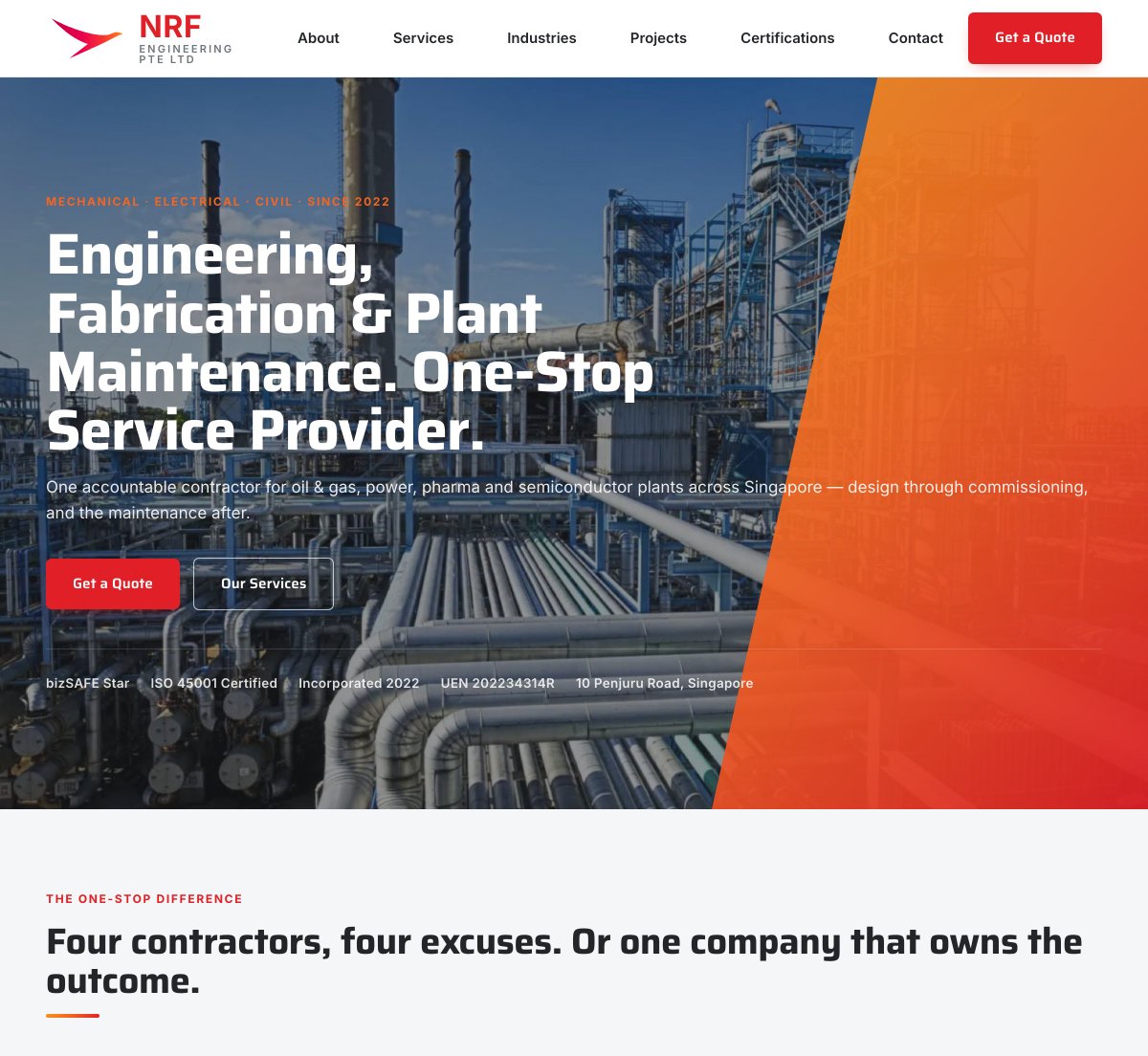 rezultweb's tweet photo. From a default GoDaddy parked page to a full engineering website. NRF Engineering, a Singapore mechanical, electrical and civil contractor, had nothing online that matched the scale of the work they do. We built them a proper corporate site: a full services hub with a dedicated, https://t.co/CT1hVWk3hd