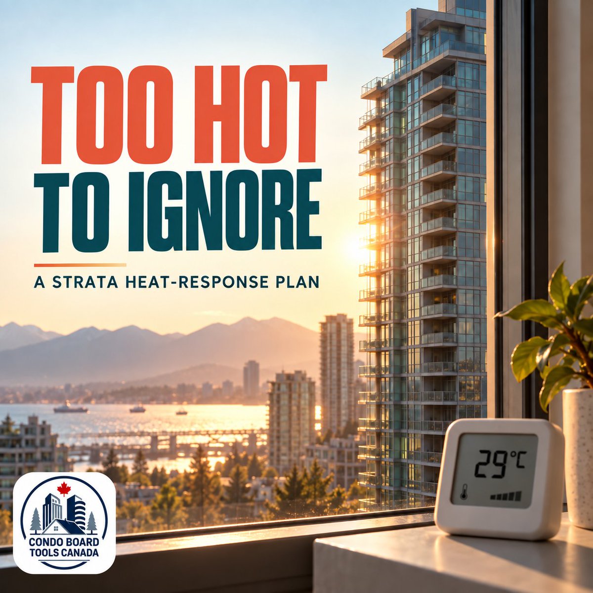 CondoBoardCA's tweet photo. Extreme heat can turn a BC condo into a health risk. Strata councils can help by identifying vulnerable areas, creating a heat-response plan, communicating cooling options and adopting clear heat-pump approval standards. #BCStrata #ExtremeHeat https://t.co/wKo69dYJzI