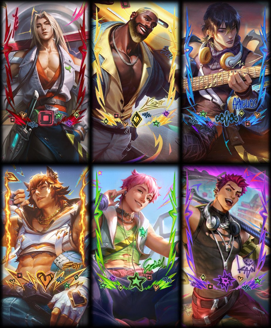 XiEStarGuardian's tweet photo. Não me aguentei @krescendum 
Eu tive que fazer assim
❤️‍🔥Heartsteel 🔩
🔴 Yone 🟥
🟡 KSante 🚸
🔵 Aphelios 🔊
🟠 Sett 🧡
🟢 Ezreal 🌟
🟣 Kayn 💥 https://t.co/U9zAJRaC3a
