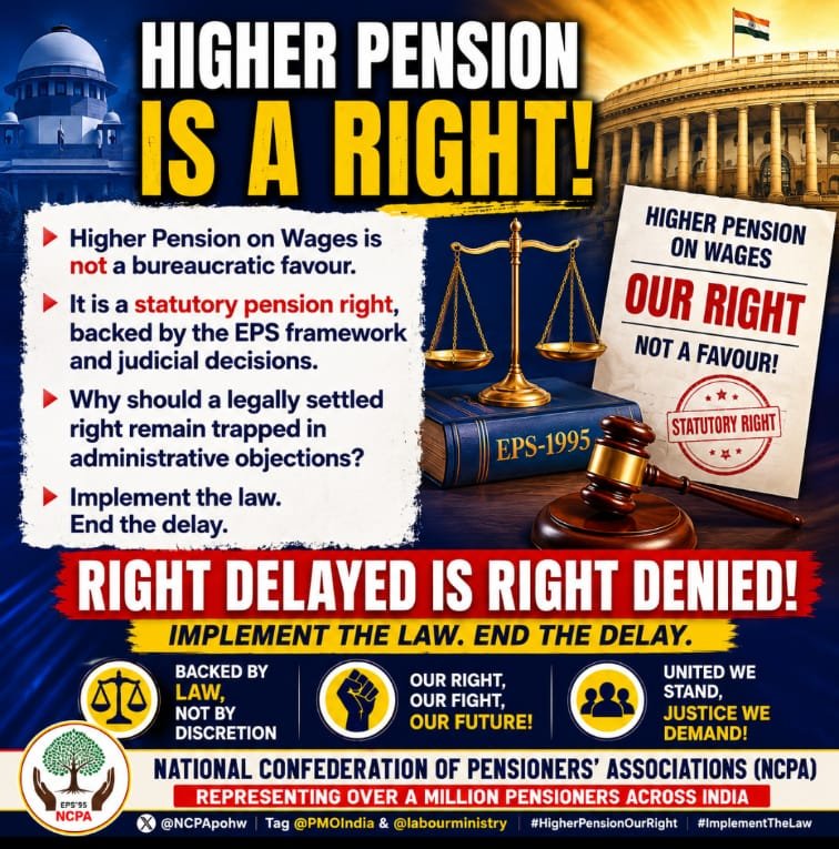 NCPApohw's tweet photo. 🔊 ​The EPS-95 Higher Pension isn’t a concession—it’s our Statutory Right. 

Judicial mandates must be honored transparently. End the procedural delays and uphold true social security for pensioners.

@socialepfo
@officialepfo
@labourministry
@PMOIndia https://t.co/JG2f7NxMkd